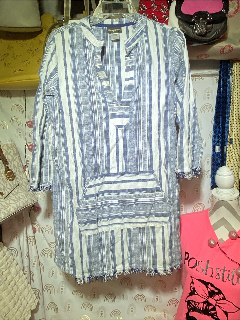 Tommy Bahama Blue & White Striped Cotton Top with Ribbon Trim